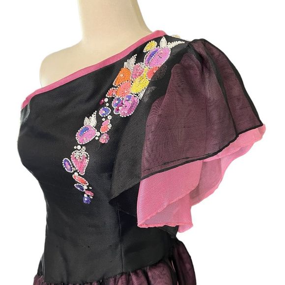 RARE Vintage Bob MACKIE One Shoulder Floral Beaded Tulip Drs 4/6 - Picture 8 of 16